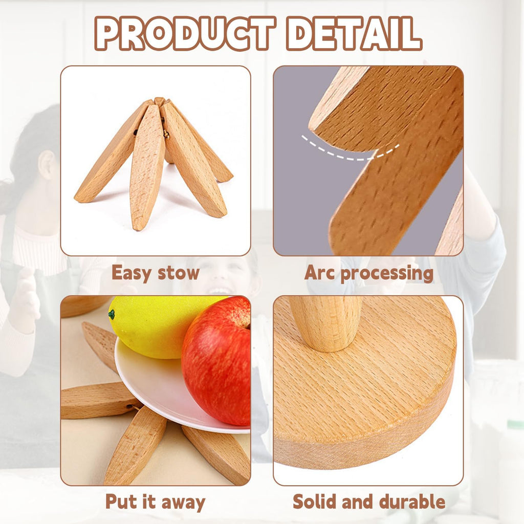 Natural Foldable Black Walnut Wooden Trivet Set - 4 Trivets + 1 Stand for Hot Dishes, Pot, Bowl, Teapot, Hot Pot