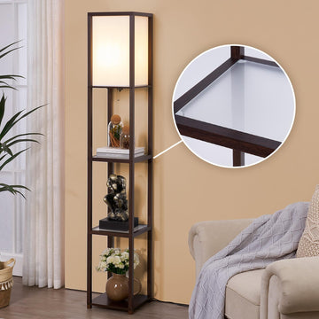 Floor Lamp with Shelves, Modern Square Standing Lamp with Glass Shelves, Corner Display Shelf with Light, Tall Lamp
