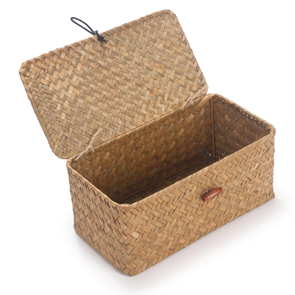 Rectangular Handwoven Seagrass Small Storage Basket with Lid for Shelves and Home Organizer Bins, S