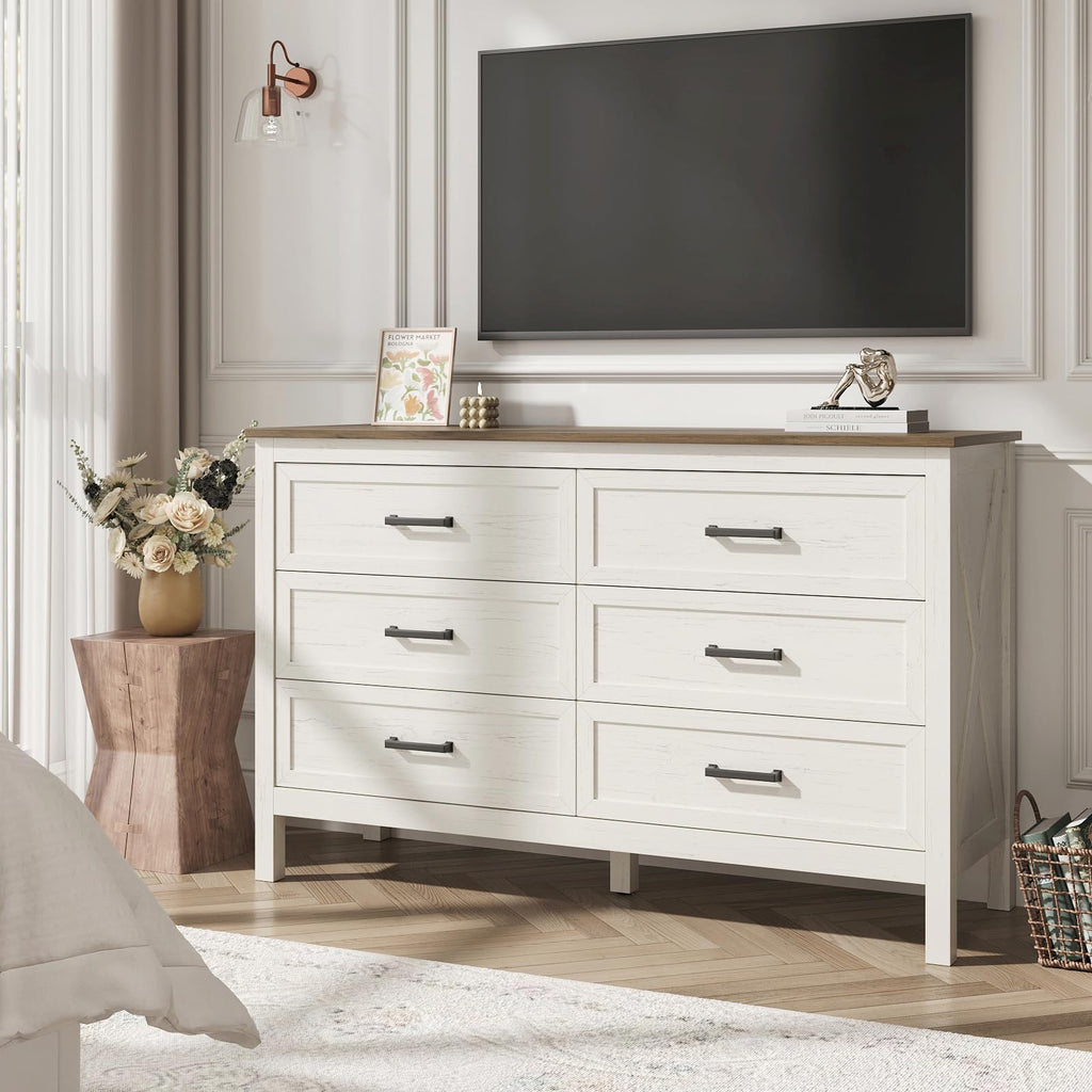 Farmhouse 6 Drawers Dresser, Antique White