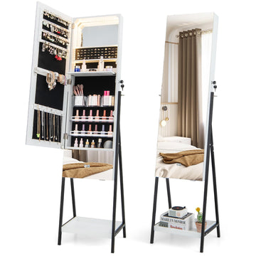 Jewelry Cabinet Armoire with Full Length Mirror, 3-Color Light Strips, Mirrored Tilt out Drawer, Lockable Standing