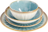 Mayfair Bay 16-Piece Embossed Double Bowl Dinnerware Set, Service for 4 - Blue Stoneware Plates and Bowls