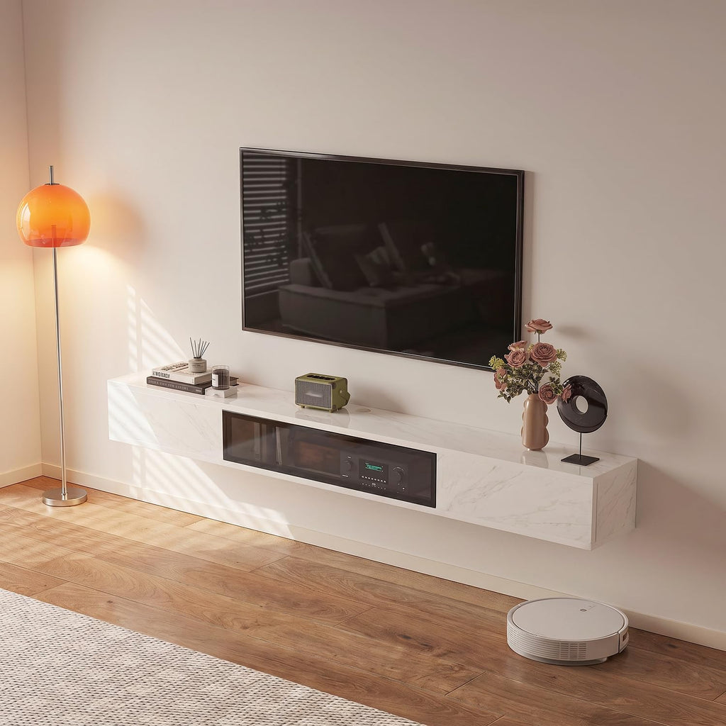 78'' Floating with Glass Door, TV Top Shelf, White