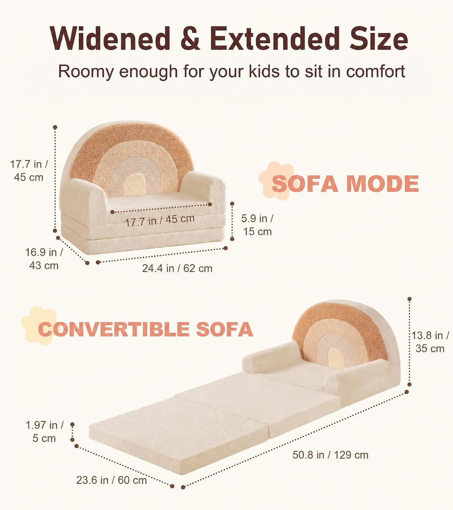 In-1 Extra Large Kids Couch Fold Out, Soft Kid Sofa for Playroom, Beige