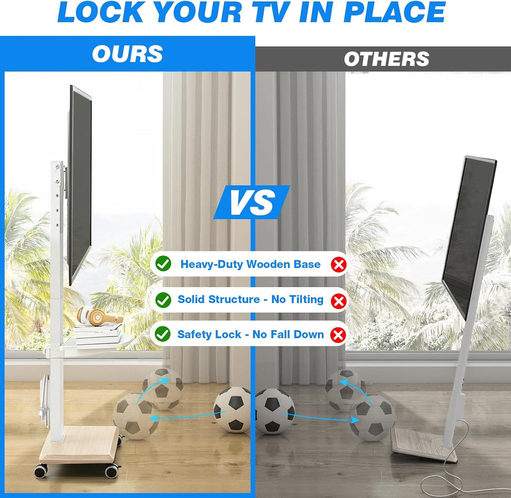 Mobile TV Stand 32-75 Inch with Power Outlet and Shelf, Rolling TV Stand Holds up to 110 lbs, Portable TV Stand on