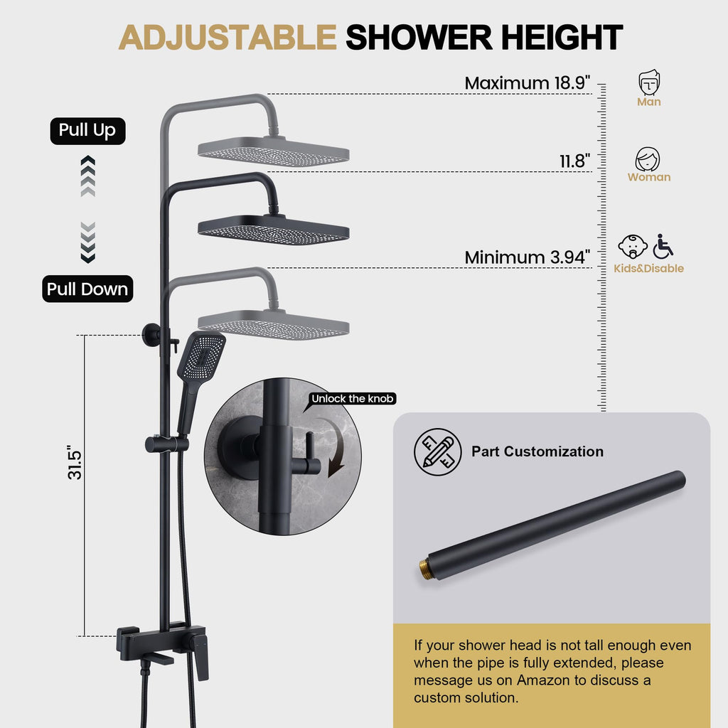 Shower Systems with 12 x8 Inches Rain Shower Head, Matte Black Exposed Pipe Shower System,3 Functions Tub Shower