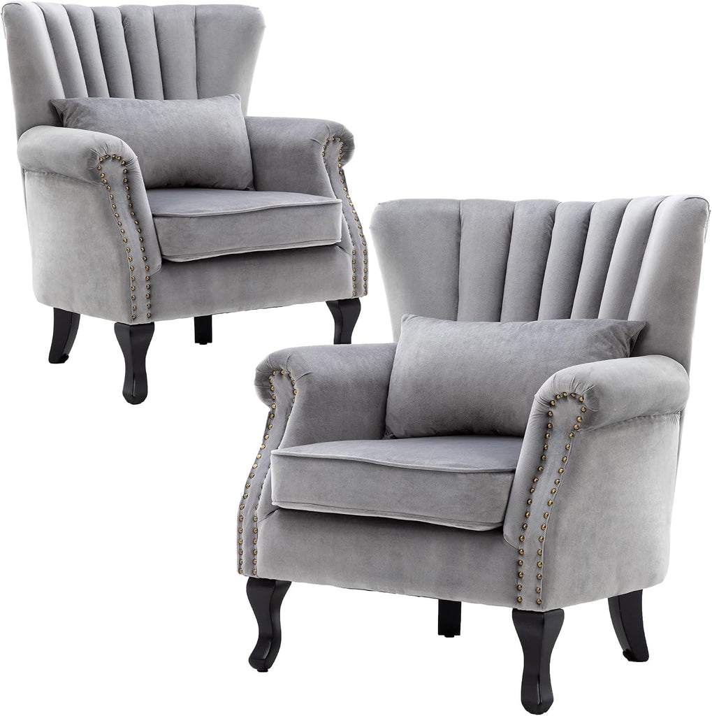 Velvet Accent Chairs Set of 2 with Arm Comfy Living Room Chair Mid-Century Modern Wingback Side Chair Single Sofa