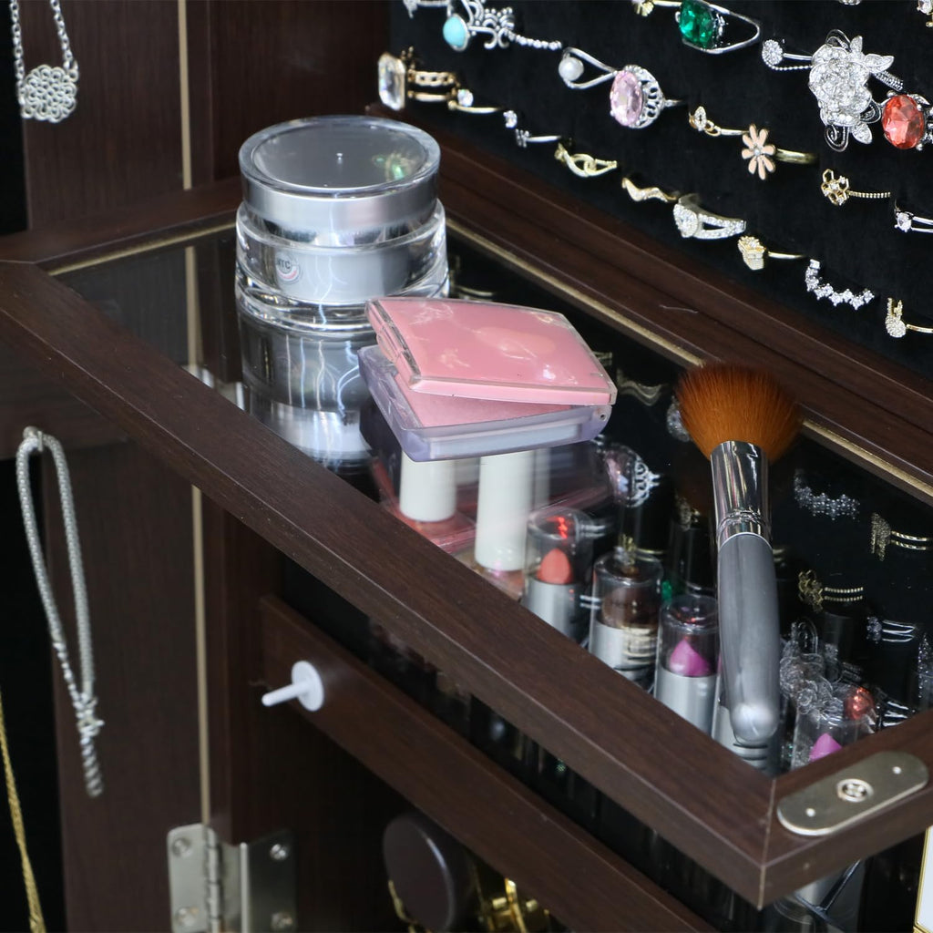 Standing Jewelry Cabinet with Lockable, Full Length Mirror with Storage