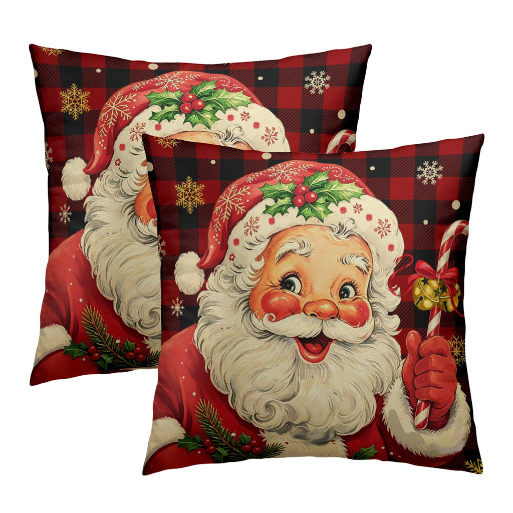 Vintage Christmas Pillow Covers Set of 2 Xmas Santa Claus Red Black Buffalo Plaid Cotton Throw Pillowcases Winter