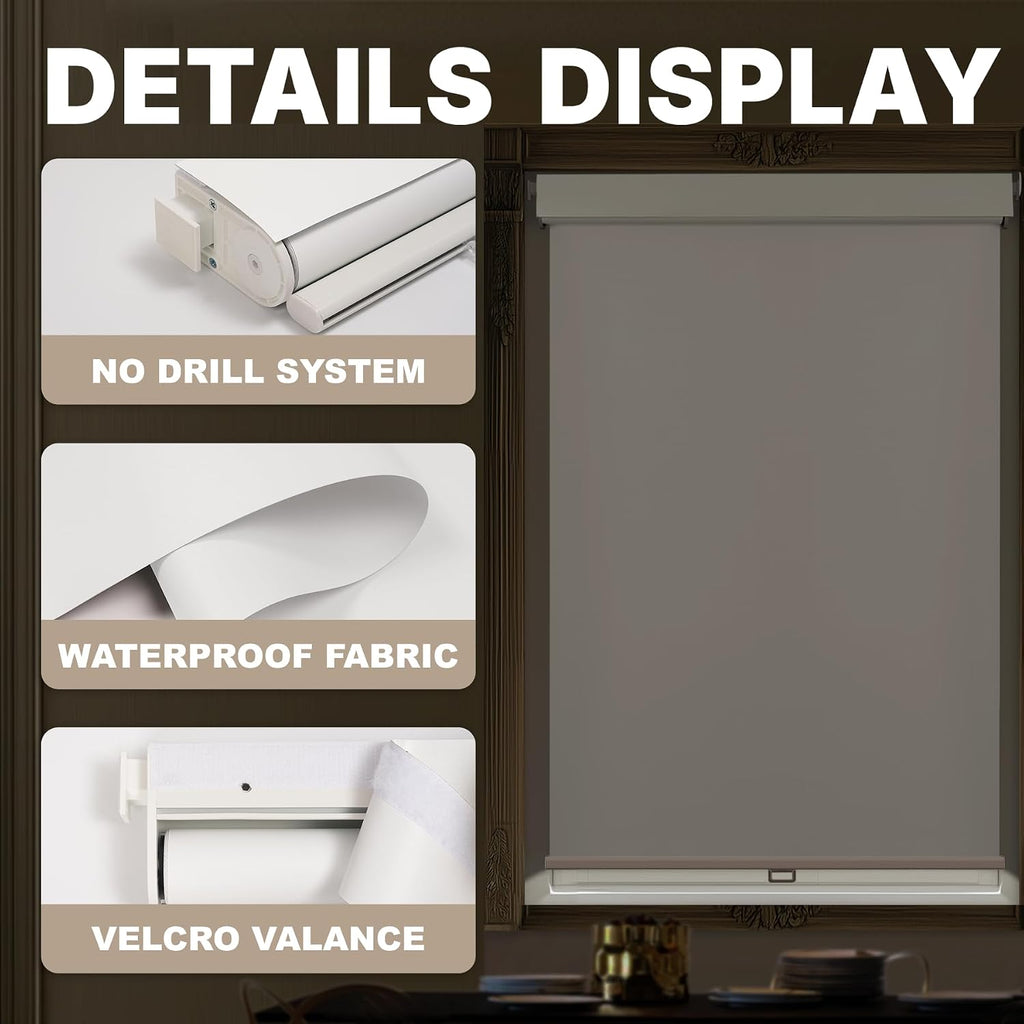 No Drill Cordless Blackout Roller Shades with Valance, Waterproof UV Protection Privacy Drilless Easy Install Blinds