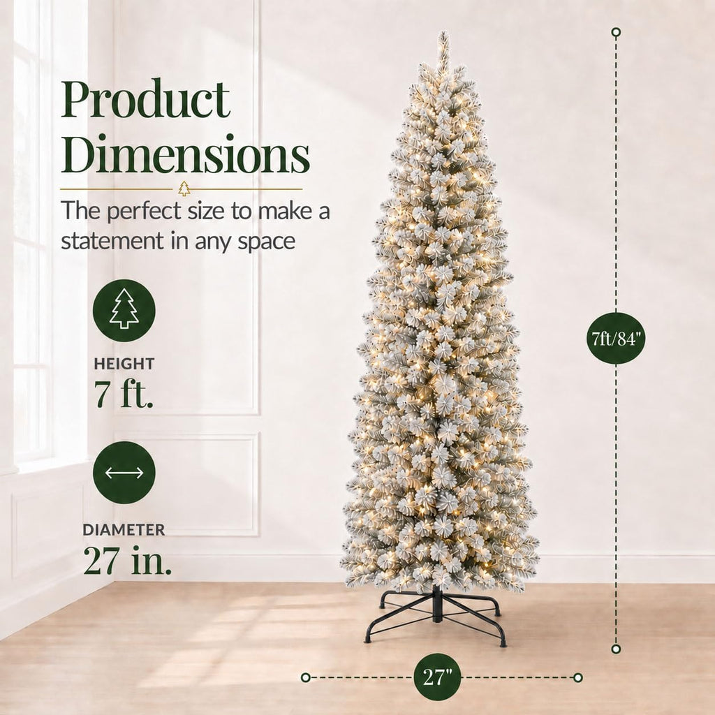 Prelit Slim Pencil Flocked Artificial Christmas Tree-WarmWhite