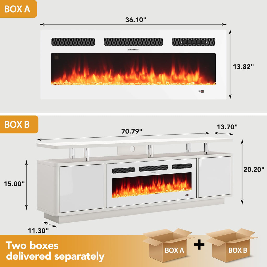 70", 36" Electric Fireplace with Adjustable Flames & Double LED Lights, Remote Control, Storage Cabinet with High