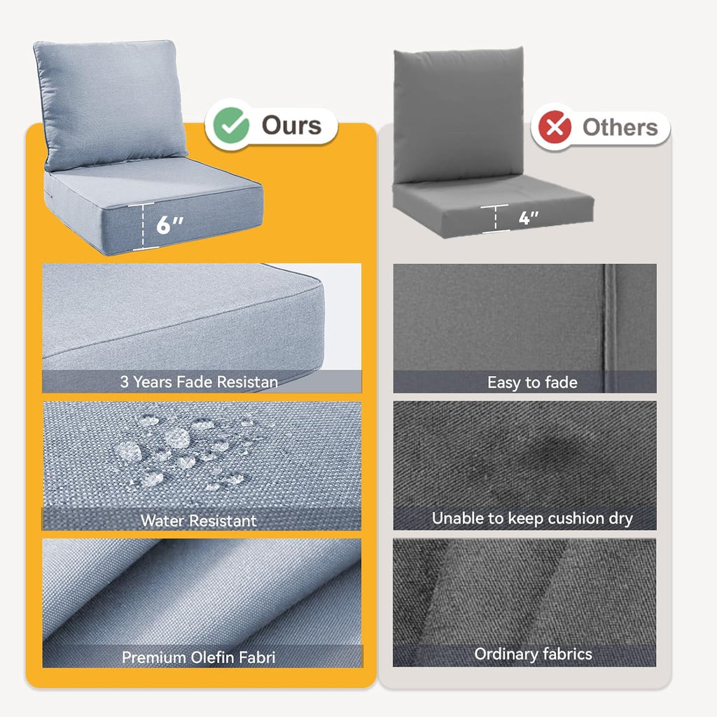 Outdoor Cushion Set Furniture, UV Resistant, Water Resistant - 6 Inch Thick Foam Garden Cushions- 24x24 Inch Patio