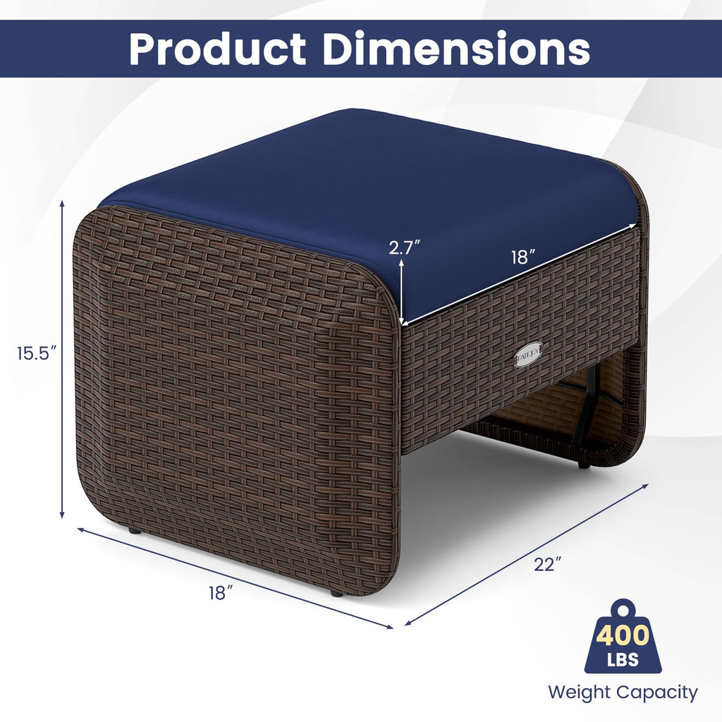 Wicker Outdoor Ottomans - 2-Piece Rattan Footstools w/Removable Cushions, 3-in-1 Multipurpose Footrest, Additional