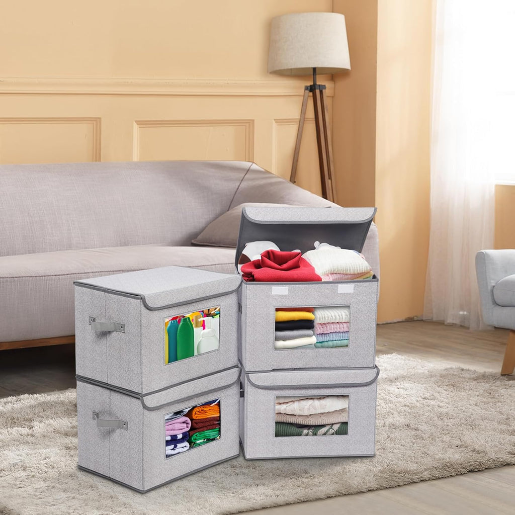 Fabric Closet Storage Bins with Lids for Shelves 4 Pack, Gray | 17 x 12 x 12 In Clothes Storage Bins with Handles &
