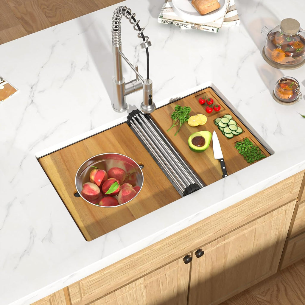 32 Undermount Kitchen Sink 16 Gauge 304 Stainless Steel Single Bowl Multifunctional 32x19 Undermount Workstation Sink