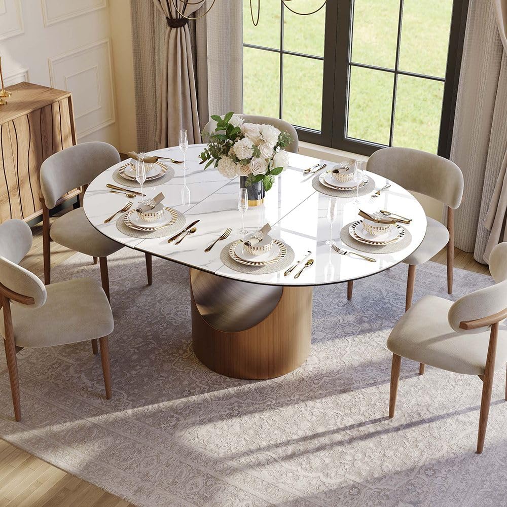 Modern Extendable Dining Table for 4-6, 47" to 63" Round to Oval Sintered Stone Kitchen Table with Carbon Steel Base