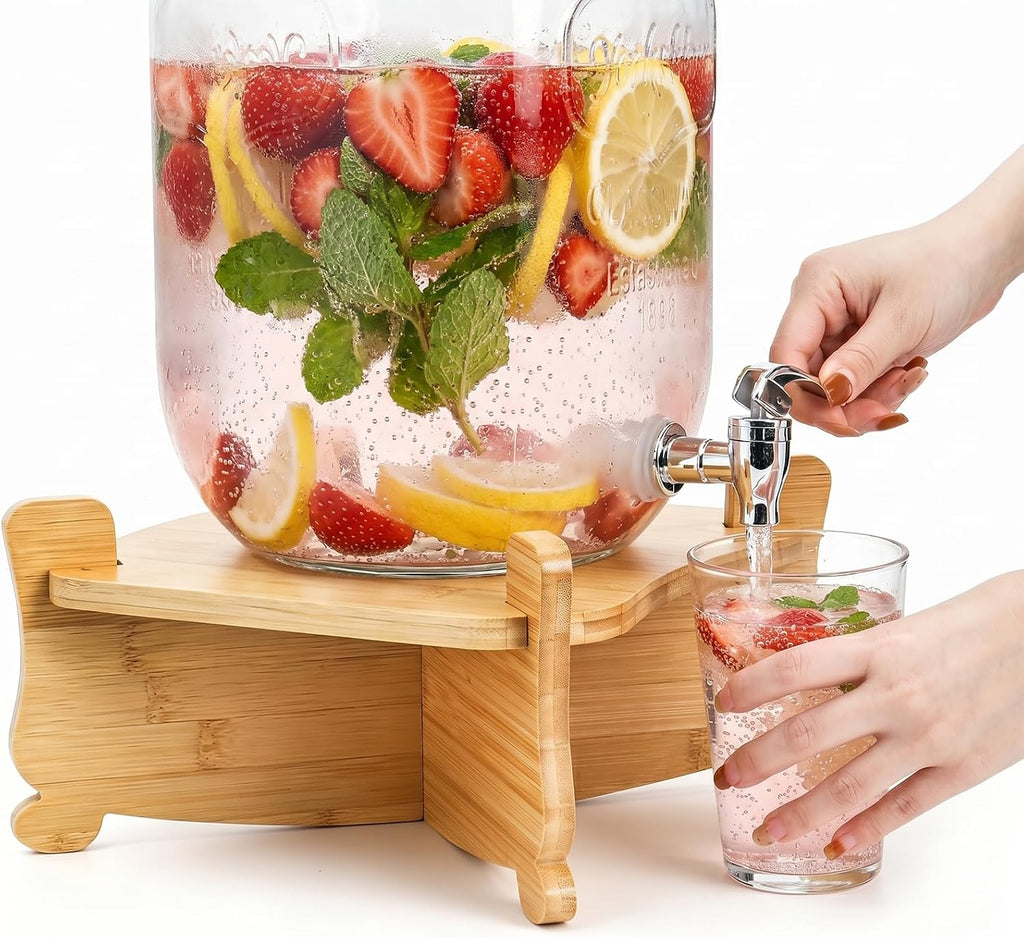 Bamboo Drink Dispenser Stand, Sturdy Wood Water Beverage Dispenser Stand, Water Jugs Pitcher Base for Parties