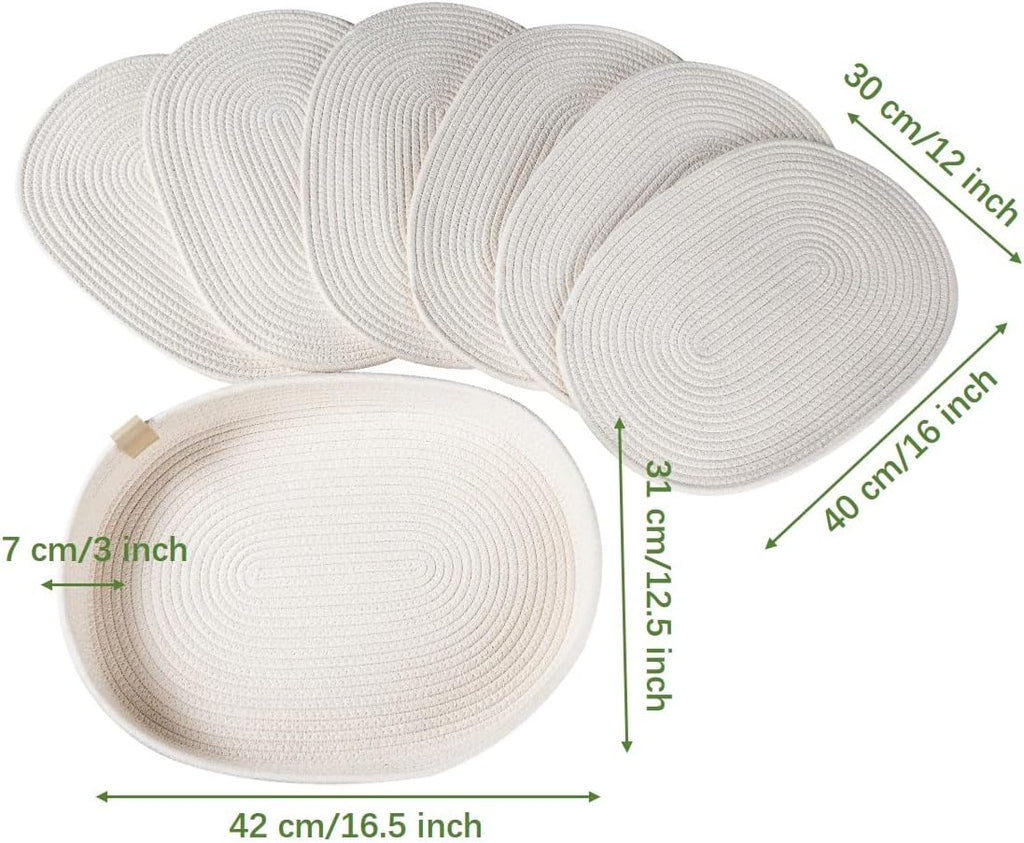 Oval Cotton Rope Placemats Set of 6 with Holder, Warm Ivory | 16 x 12 inch, machine washable, thick woven