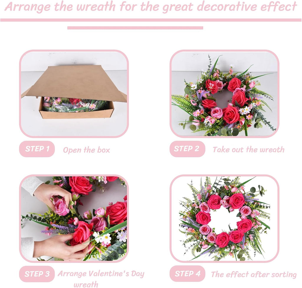 22 Inch Valentines Day Wreaths for Front Door Pink Peony Wreath with Roses Tulips Daisies Valentine Door Decorations