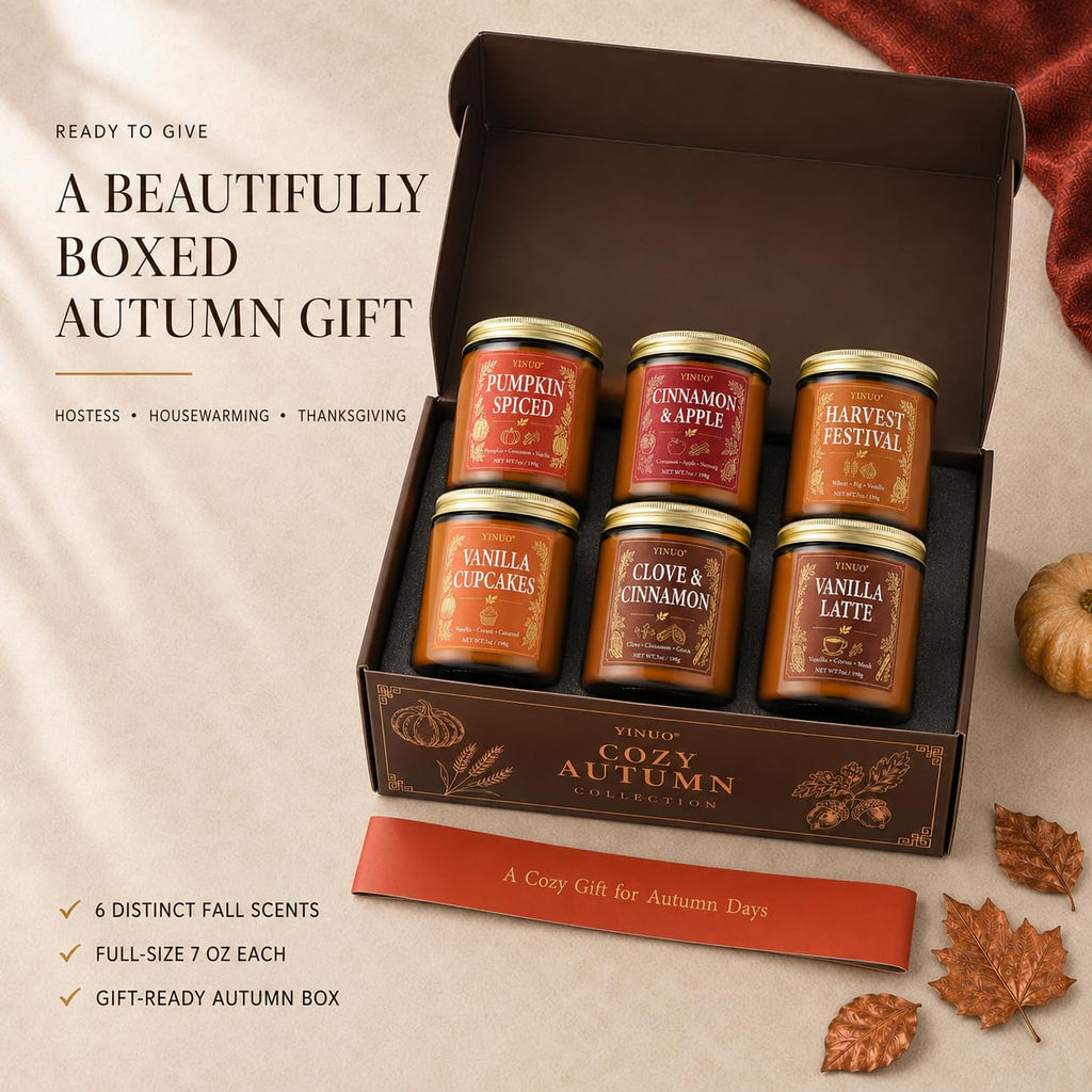 Fall Scented Candles Gift Set, 6 x 7 oz Cozy Autumn Collection Candles