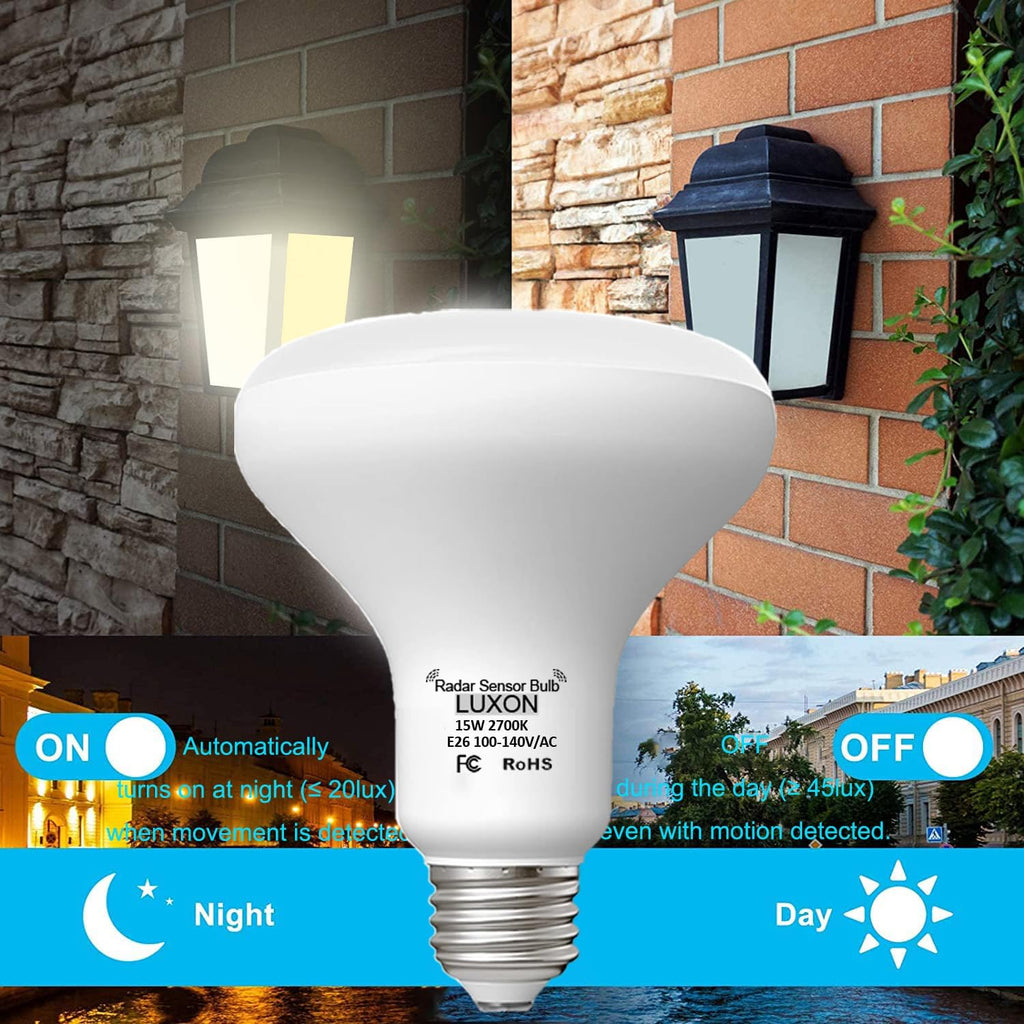 15W BR25 Radar Motion Sensor Light Bulbs,Warm E26 Outdoor Auto On/Off