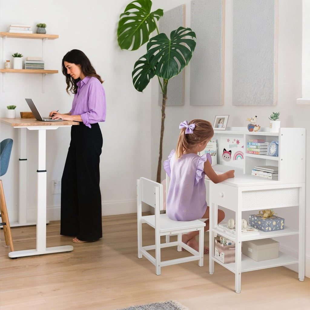 White Kids Desk and Chair Set for 6-12 Year Old, Children Study Desk with Hutch and Storage Shelf, Student Writing