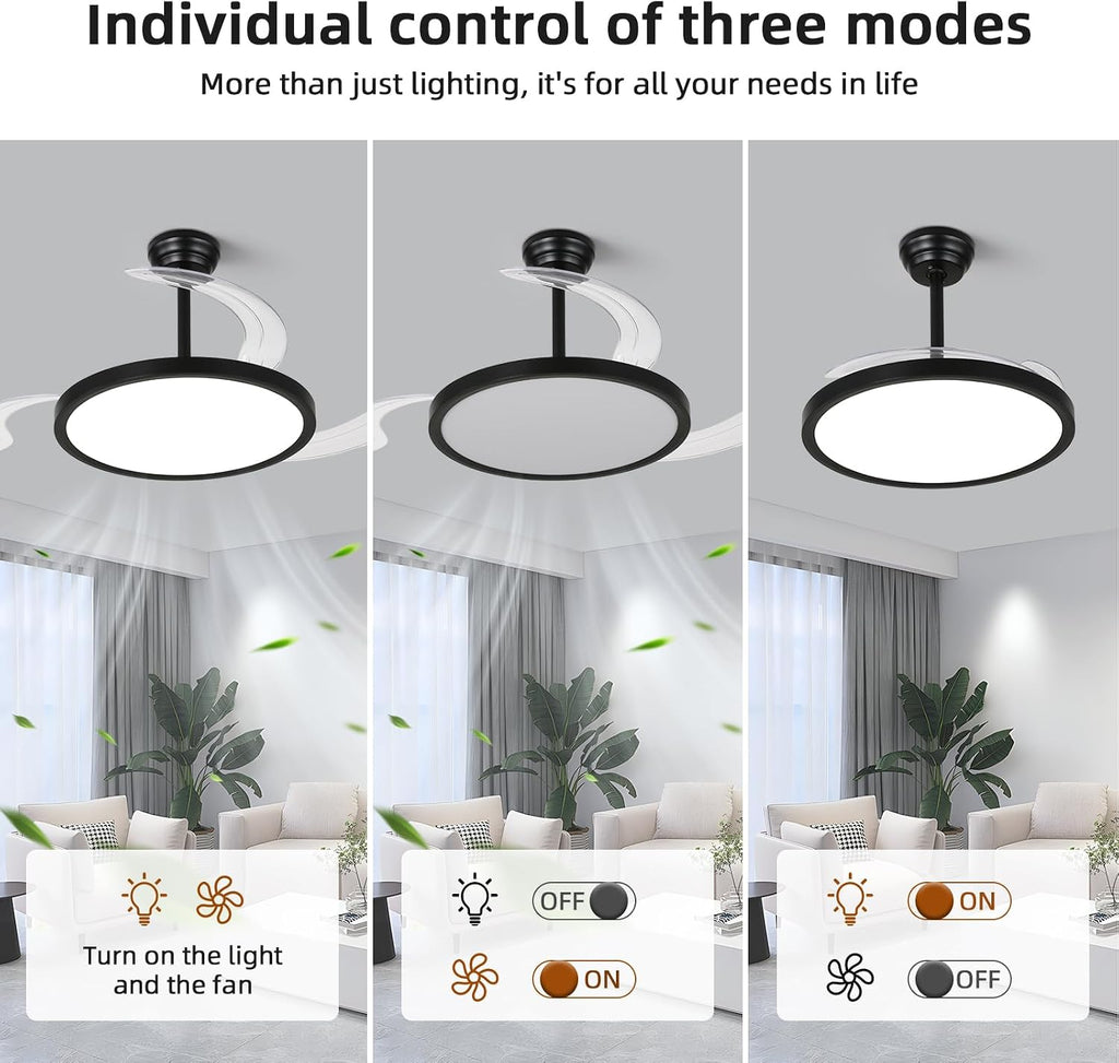 42 inch Retractable Ceiling Fan with Lights,6 Speed Dimmable Silent Fan,Modern Ceiling Fan with Light Remote Control