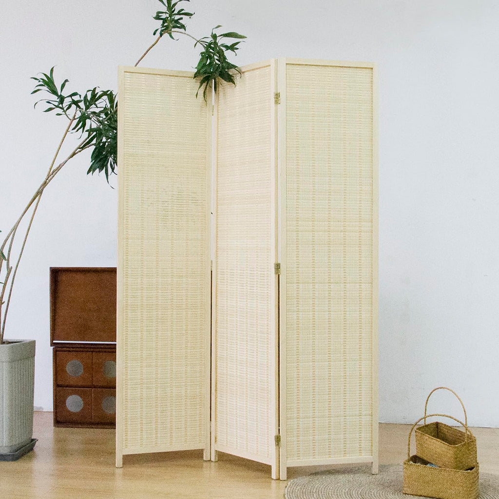 3 Panel Room Divider and Folding Panel Screen, Bamboo Panel Divider Screen for Room Separation, Beige, 67" H x 46" W