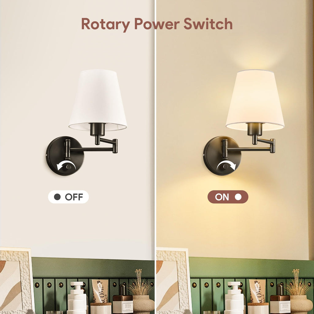 Wall Sconce Set of 2, Plug in & Swing Arm Wall Lamps, Black Finish
