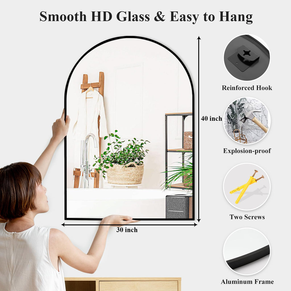 Black Arched Bathroom Mirror for Over Sink 30x40, Large Wall Arch Mirror