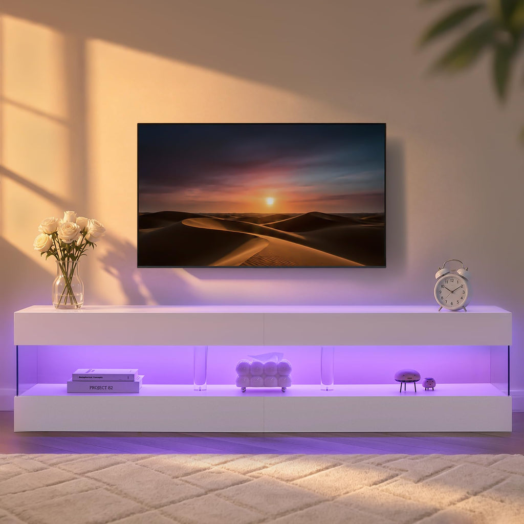 LED White TV Stand for 75 Inch TV, Entertainment Center, TV Console