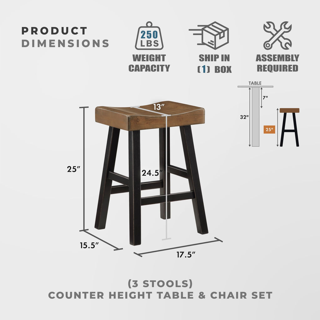 4 Piece Wood Counter Height Bar Table Set, 3 Stools, Black/Brown