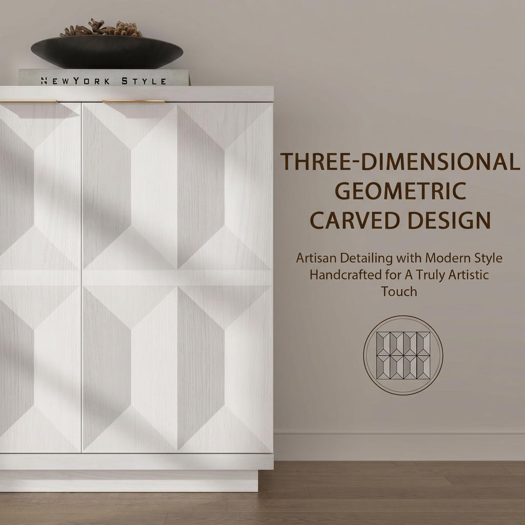59"W Sideboard Buffet Cabinet with 3D Geometric Doors, White Oak