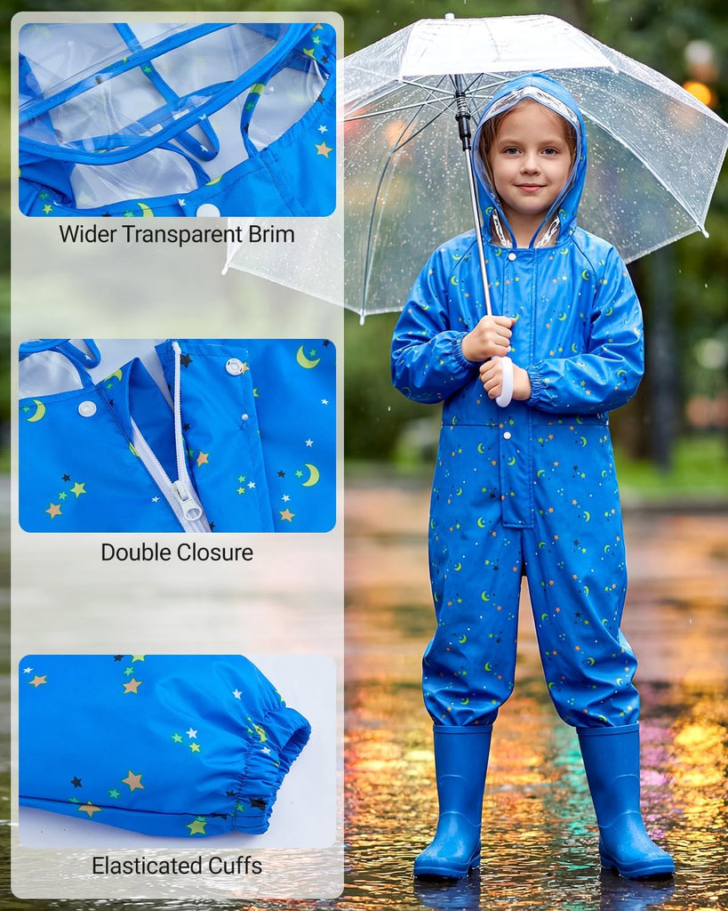 Kids Rain Suit Toddler Hooded Rainsuit Poncho Full Body One Piece Coveralls Raincoat for Girls and Boys