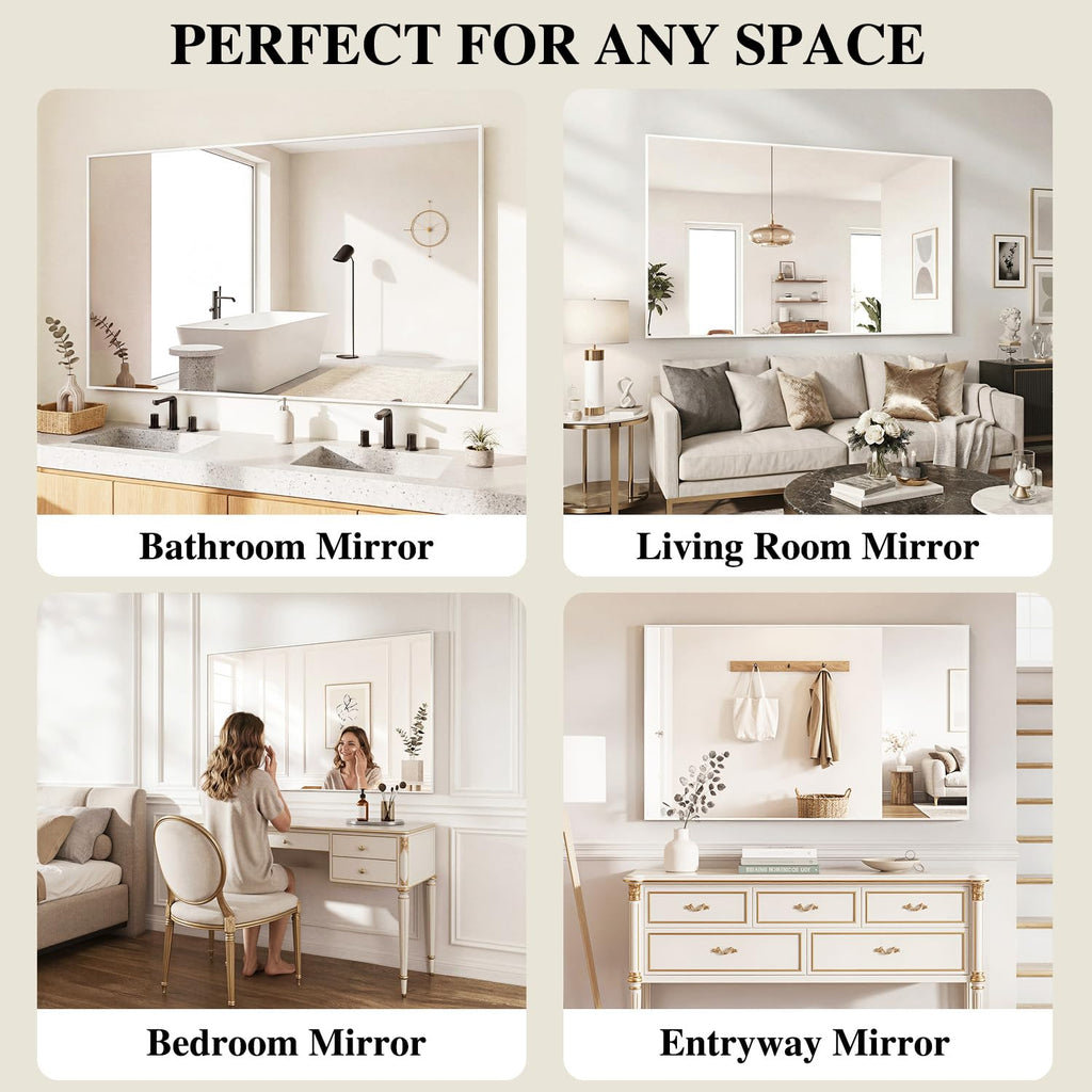White Rectangle Wall Mirror, 30x60 Inch Bathroom Mirror, Aluminum Frame Vanity Mirror Bathroom, Hangs Horizontally or