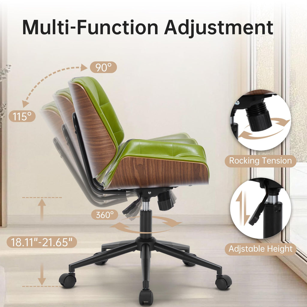 Mid-Century Modern Home Office Chair, Accent Desk Chair with Walnut Finish&PU Leather, Armless Executive Computer Chair