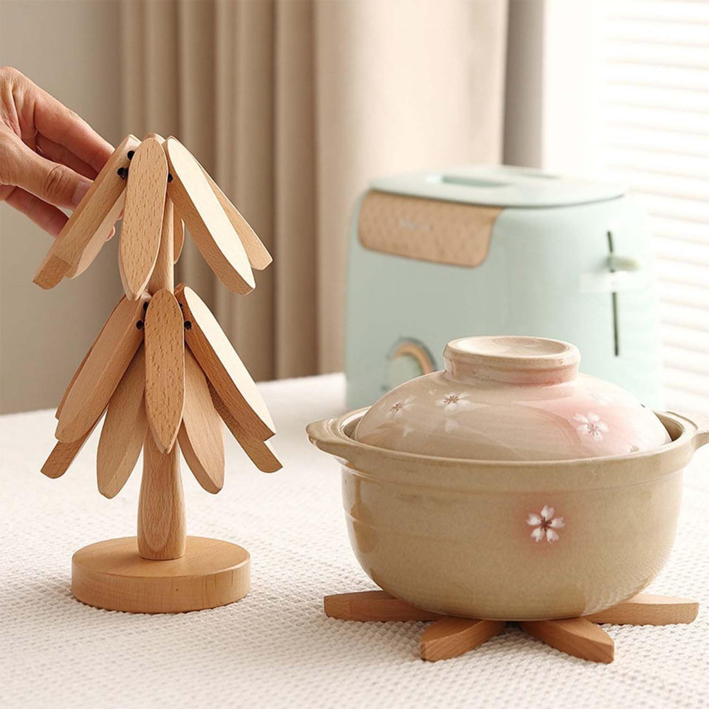Wooden Trivets for Hot Dishes,Tree Shape Trivet Set, 4 Wooden Trivets+1 Stand, Natural Foldable Kitchen Wooden Trivet