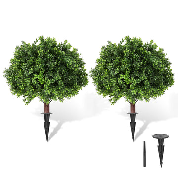 Artificial Boxwood Topiary Tree, 25 Inch 2 Set Outdoor Faux Boxwood Bush Plants, Indoor Ball Trees with Ground Spike