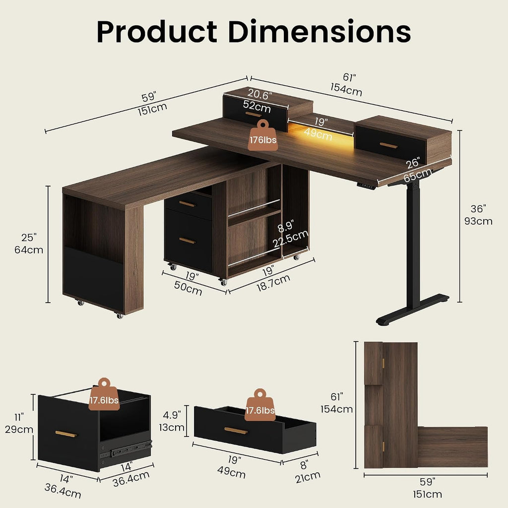 61'' L Shaped Electric Standing Desk, 360° Rotating, 4 Drawers | Height Adjustable Desk with LED Light, Monitor Riser