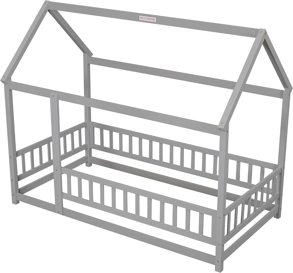 Montessori Floor Bed with Roof & Fence Guardrails for Boys Girls Bedroom, Floor Wooden Bed