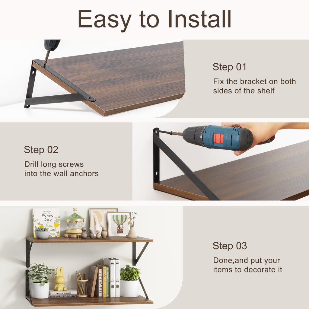 Deep Walnut Floating Shelves for Wall, 24"W x 10"D Wall Shelves Set of 2, 10 Inch Deep Floating Shelf with Brackets
