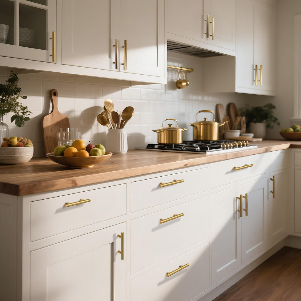 30 Pack Kitchen Brushed Brass Cabinet Handles 5" Hole Centers(128mm) Dresser Drawer Pulls Gold Cabinet Handles Modern