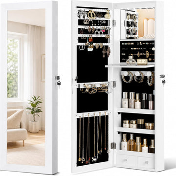 Over the Door Jewelry Organizer, Wall Mounted Jewelry Cabinet, Hanging Mirror with Storage Box, Wall/Door Mounted