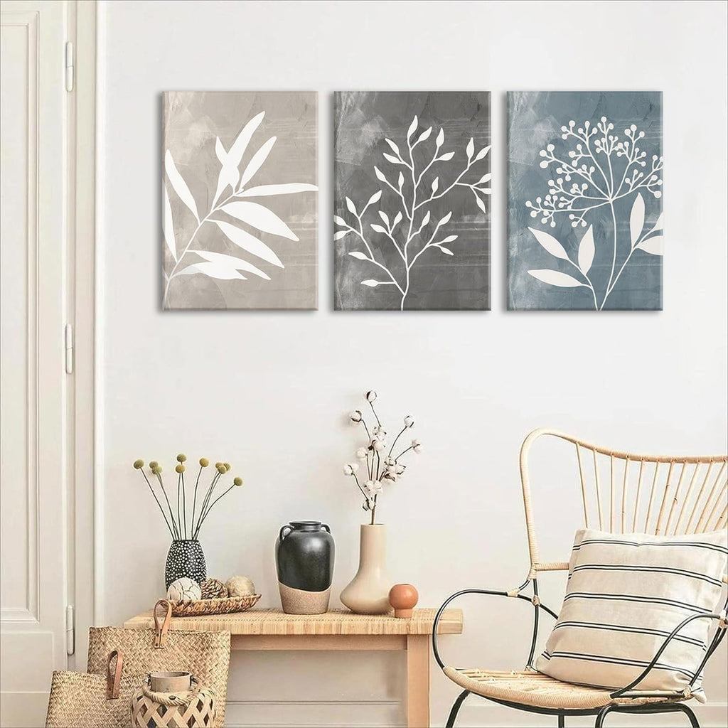 Vintage Botanical Canvas Wall Art Set of 3 Blue Grey and Beige Neutral Plant Leaf Prints Boho Minimalist Floral Art