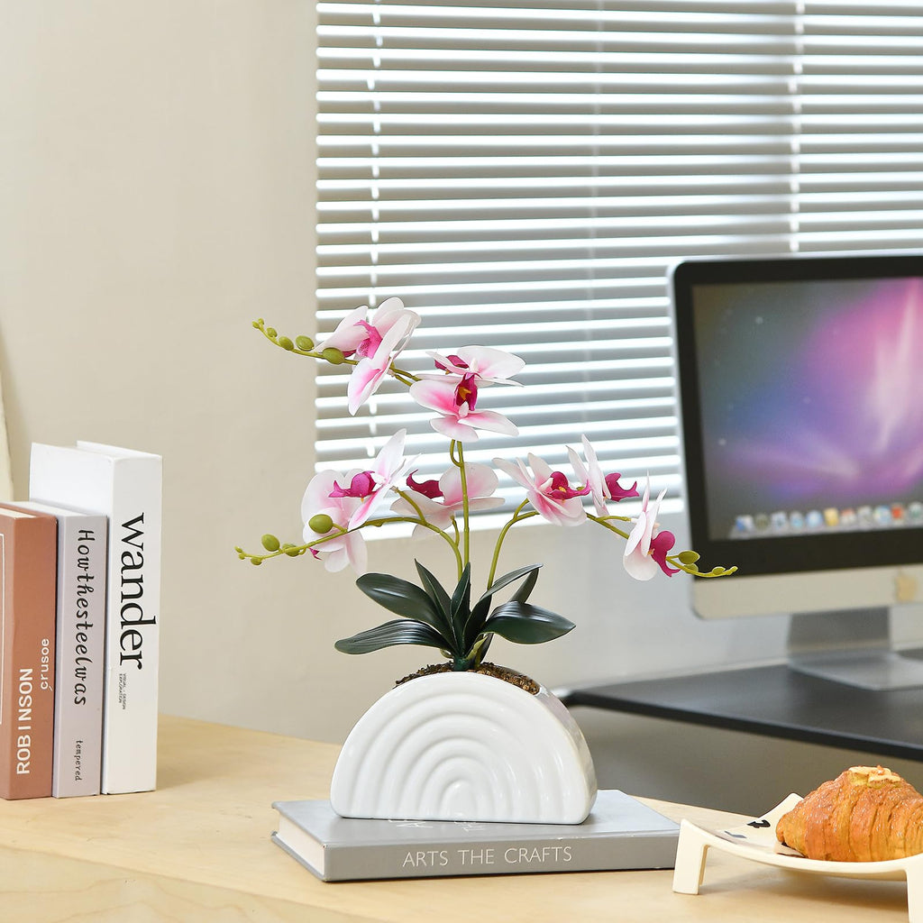 White and Pink Silk Orchid Plant in White Rainbow Pot for Table Décor