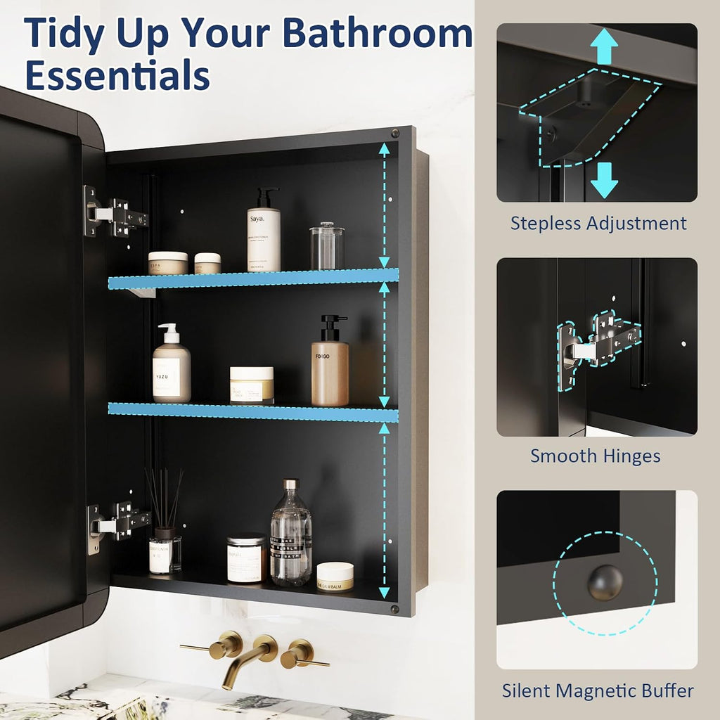 Medicine Cabinet Mirror 16x24 Inch, Black Bathroom Mirror Cabinet with Stepless Adjustable Shelves, Rounded Rectangle