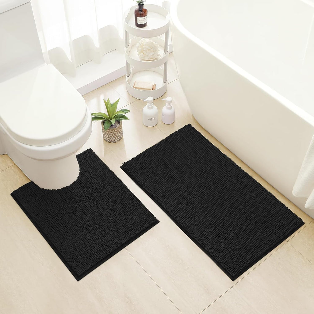 Black Bathroom Rug Sets 2 piece, Ultra Soft Non Slip Absorbent Chenille Toilet Bath Mat Set (Black)