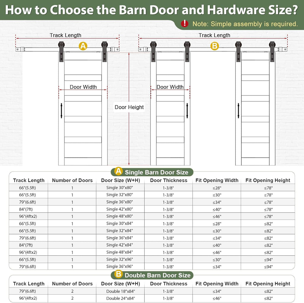 Double 18×84 Inch White Sliding Barn Door Slab with 6.6ft Hardware Kit Included, 5-Panel, MDF Wood P