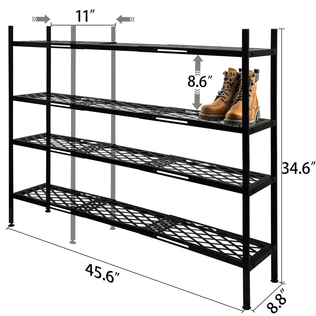 Long Expandable Metal Shoe Rack for Closet, Entryway, Garage, 4-Tier, Black